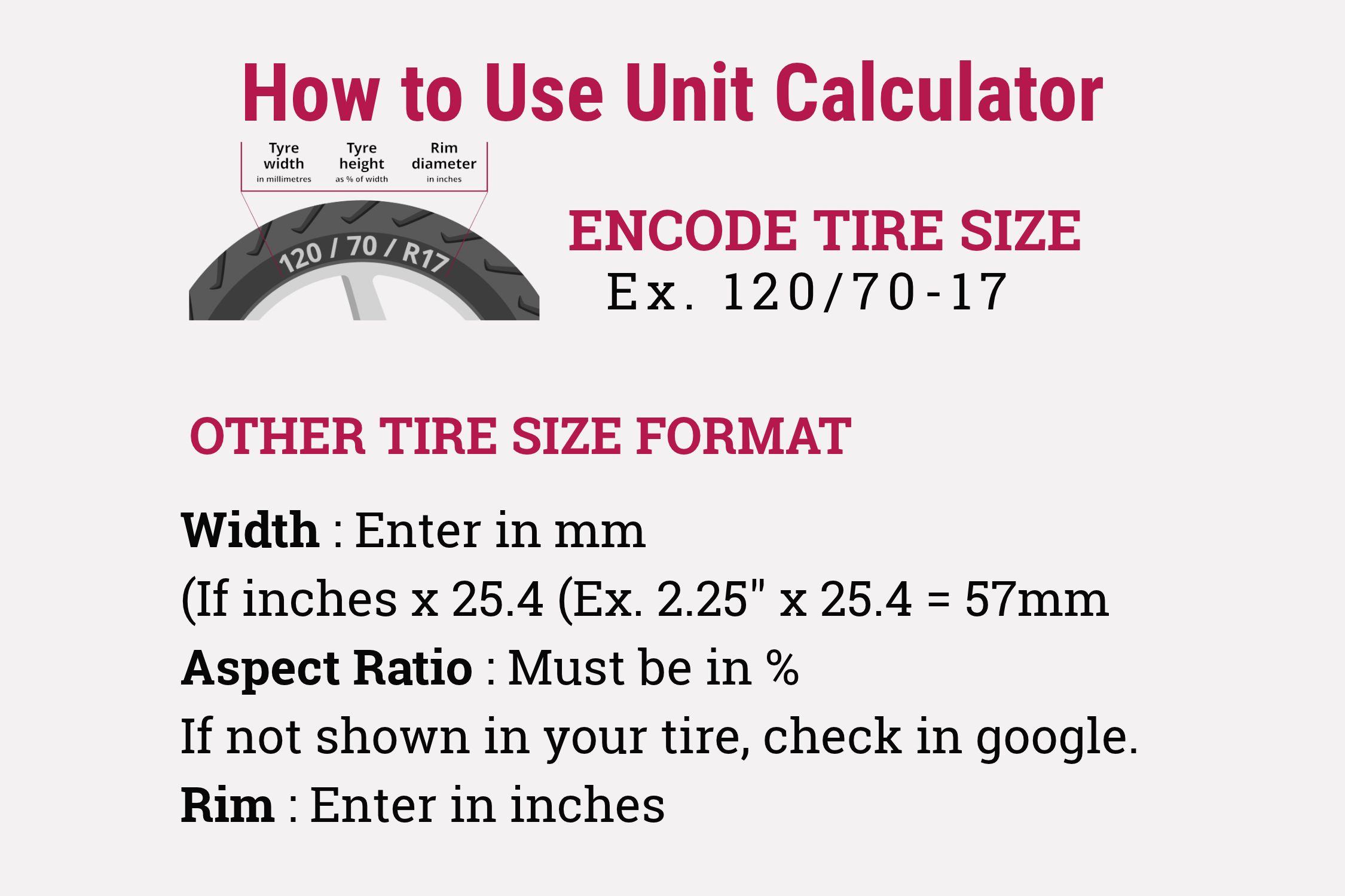 E-bike calculator guide explaining width, aspect ratio and rim measurements